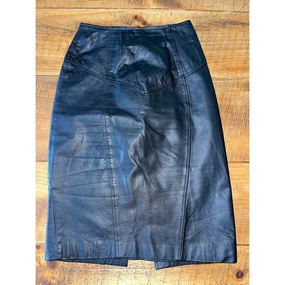 Womens Black Wilsons Leather Pelle Cuir Vintage Leather Pencil Skirt Back Slit 2 - Picture 1 of 9